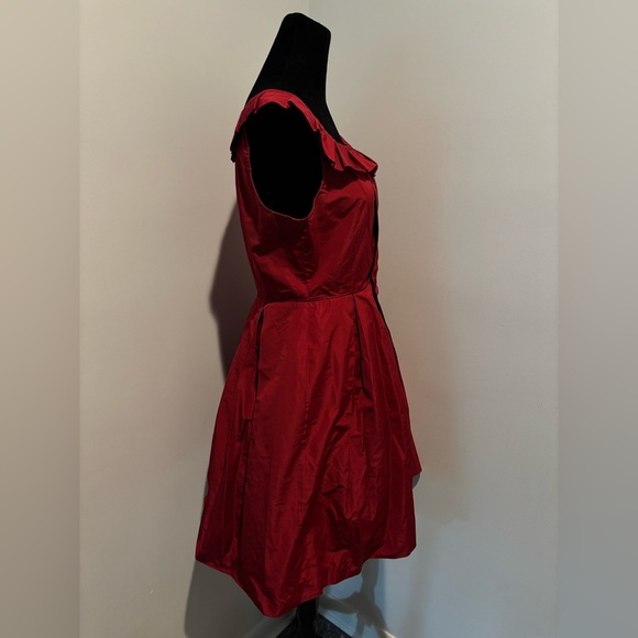 MIU MIU Prada 2010s Red Tafetta Sleeveless Ruffled Hidden Pocket Dress 44/8 - Picture 3 of 7